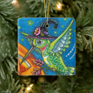 HALLOWEEN HUMMINGBIRD, JACK O LANTERN WHIMSY Blank Ceramic Ornament