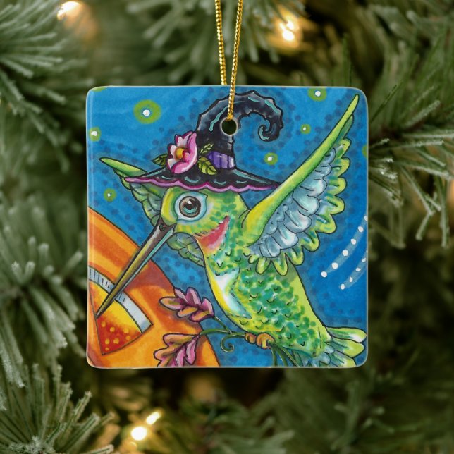 HALLOWEEN HUMMINGBIRD, JACK O LANTERN WHIMSY Blank Ceramic Ornament (Tree)