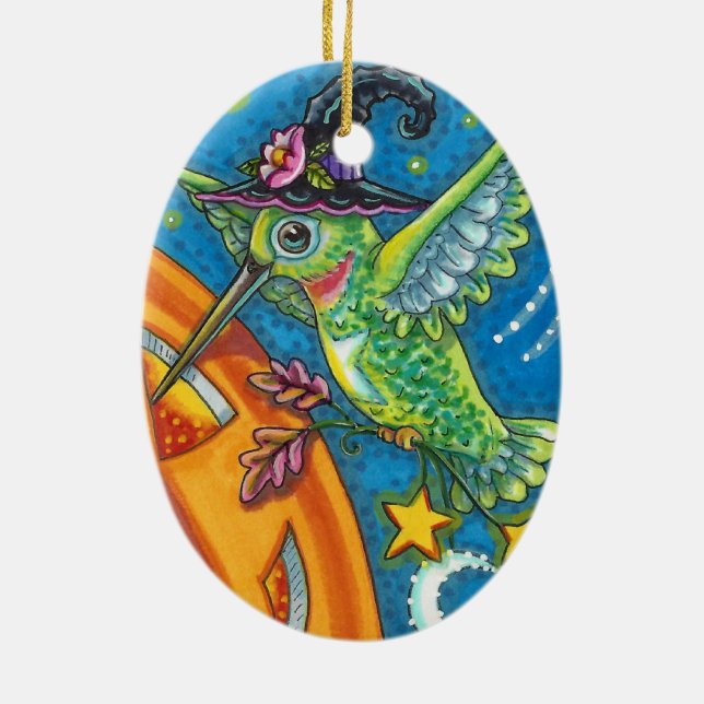 HALLOWEEN HUMMINGBIRD & JACK O LANTERN WHIMSY CERAMIC TREE DECORATION (Back)