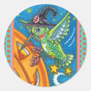 HALLOWEEN HUMMINGBIRD & JACK O LANTERN WHIMSY CLASSIC ROUND STICKER