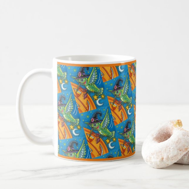 HALLOWEEN HUMMINGBIRD & JACK O LANTERN WHIMSY COFFEE MUG (With Donut)