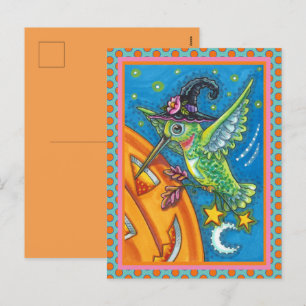 HALLOWEEN HUMMINGBIRD & JACK O LANTERN WHIMSY HOLI HOLIDAY POSTCARD
