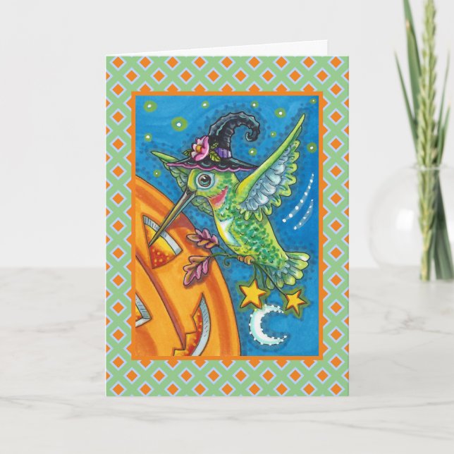 HALLOWEEN HUMMINGBIRD & JACK O LANTERN WHIMSY HOLIDAY CARD (Front)