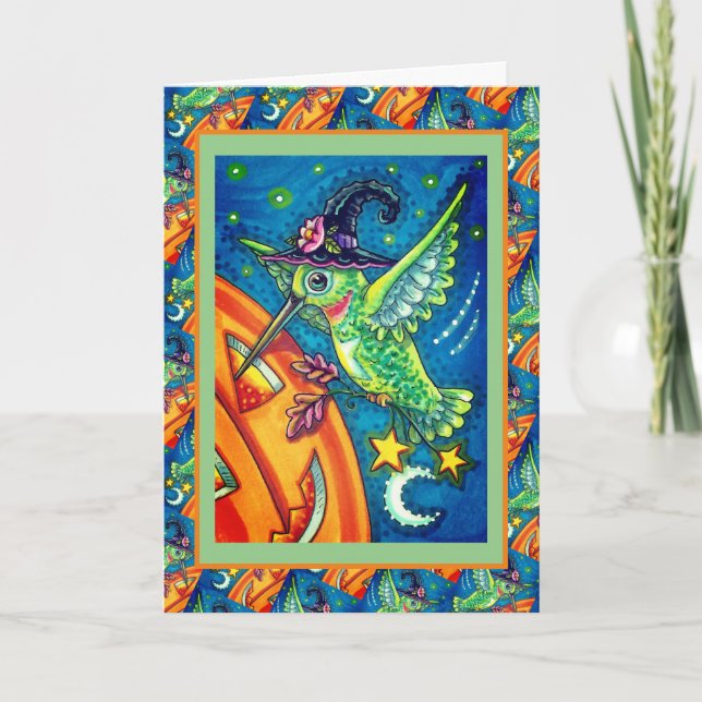 HALLOWEEN HUMMINGBIRD & JACK O LANTERN WHIMSY HOLIDAY CARD (Front)