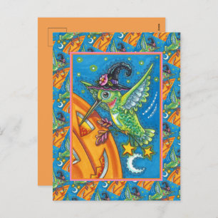 HALLOWEEN HUMMINGBIRD & JACK O LANTERN WHIMSY HOLIDAY POSTCARD