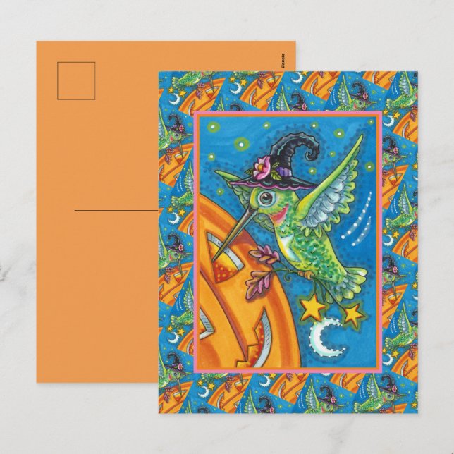 HALLOWEEN HUMMINGBIRD & JACK O LANTERN WHIMSY  HOLIDAY POSTCARD (Front/Back)