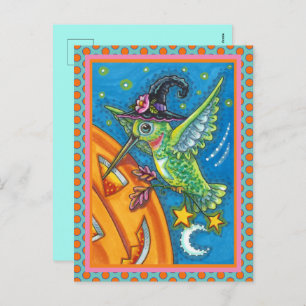 HALLOWEEN HUMMINGBIRD & JACK O LANTERN WHIMSY HOLIDAY POSTCARD