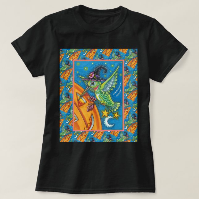 HALLOWEEN HUMMINGBIRD & JACK O LANTERN WHIMSY T-Shirt (Design Front)