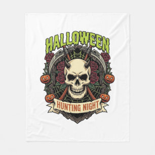 Halloween Hunting Night Horned Skull Roses Pumpkin Fleece Blanket