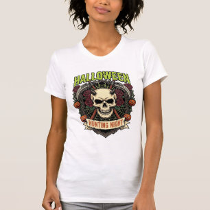 Halloween Hunting Night Horned Skull Roses Pumpkin T-Shirt