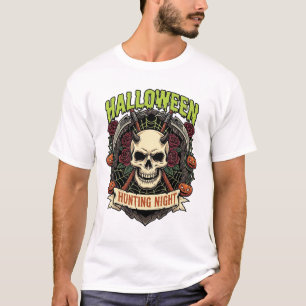 Halloween Hunting Night Horned Skull Roses Pumpkin T-Shirt