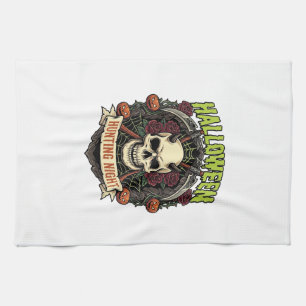 Halloween Hunting Night Horned Skull Roses Pumpkin Tea Towel
