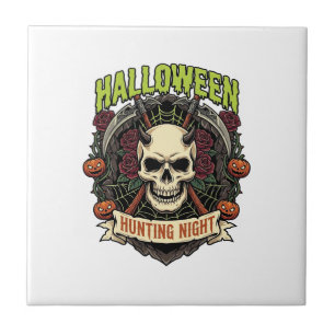 Halloween Hunting Night Horned Skull Roses Pumpkin Tile