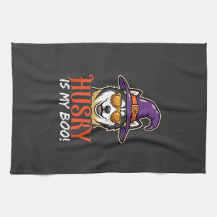 Halloween Husky Is My Boo Witch Hat Tea Towel