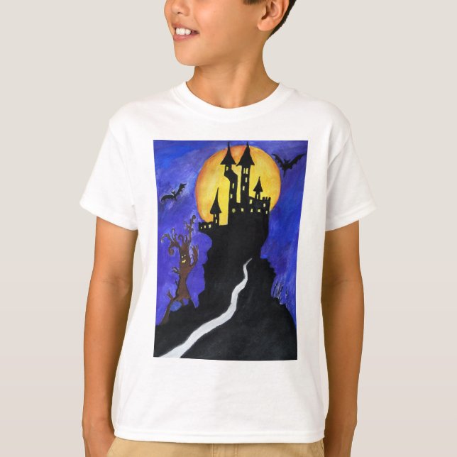 Halloween Illustartion Bats Castle Kids' T-Shirt (Front)