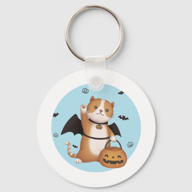 Halloween Illustration: Bat Cat Key Ring (Front)