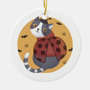 Halloween Illustration: Ladybug Cat Ceramic Tree Decoration