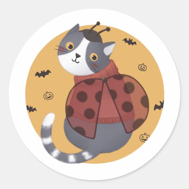 Halloween Illustration: Ladybug Cat Classic Round Sticker (Front)
