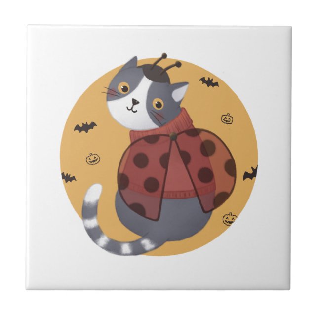 Halloween Illustration: Ladybug Cat Tile (Front)