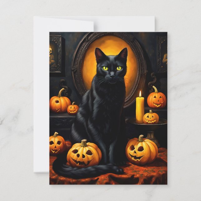 Halloween illustration with a cat and pumpkins holiday card (Front)