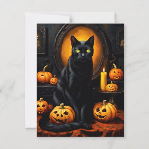 Halloween illustration with a cat and pumpkins holiday card