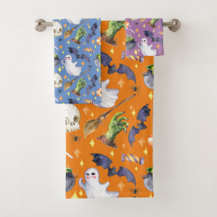Halloween illustration with pumpkin,ghost and bat  bath towel set