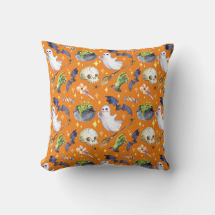 Halloween illustration with pumpkin,ghost and bat cushion