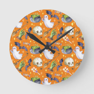 Halloween illustration with pumpkin,ghost and bat round clock