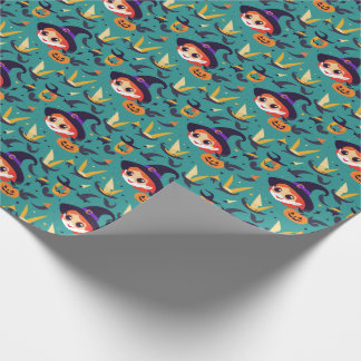Halloween image with a happy witch’s face wrapping paper