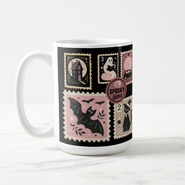 Halloween in Pink Postal Stamps Cat Pumpkin Bat  Coffee Mug (Left)