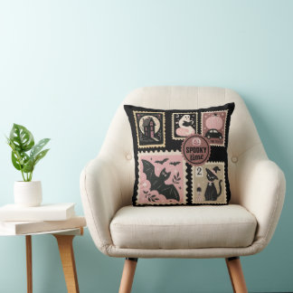 Halloween in Pink Postal Stamps Cat Pumpkin Bat  Cushion