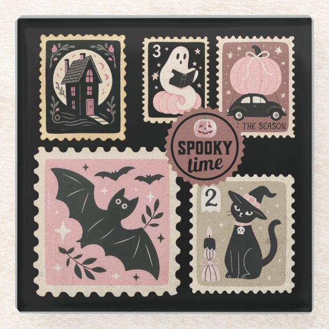 Halloween in Pink Postal Stamps Cat Pumpkin Bat  Glass Coaster (Front)