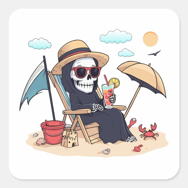 Halloween in Summer – Grim Reaper on the Beach Square Sticker (Front)
