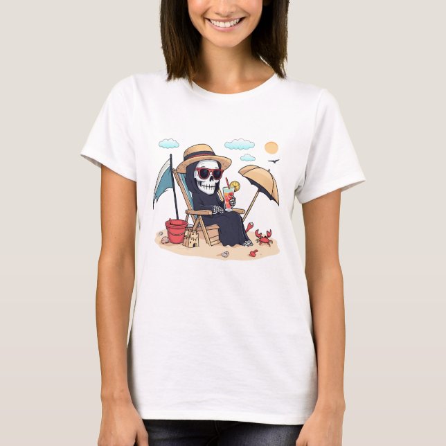 Halloween in Summer – Grim Reaper on the Beach T-Shirt (Front)