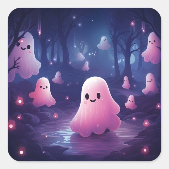 Halloween In The Forest Cute Pink Ghosts Square Sticker (Front)