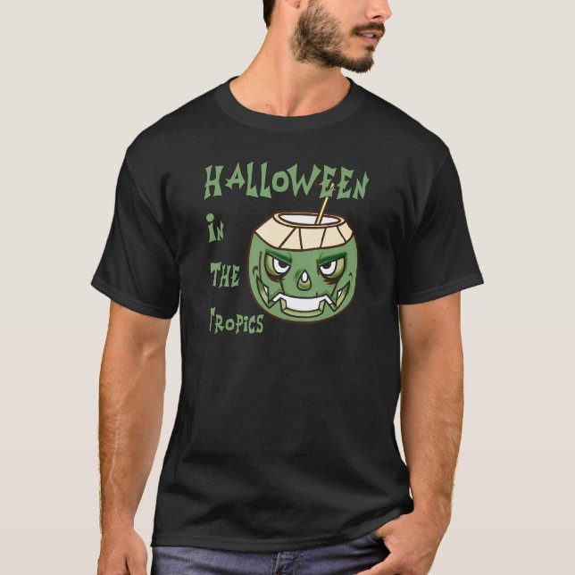 Halloween In The Tropics Coconut Face Jack O Lante T-Shirt (Front)
