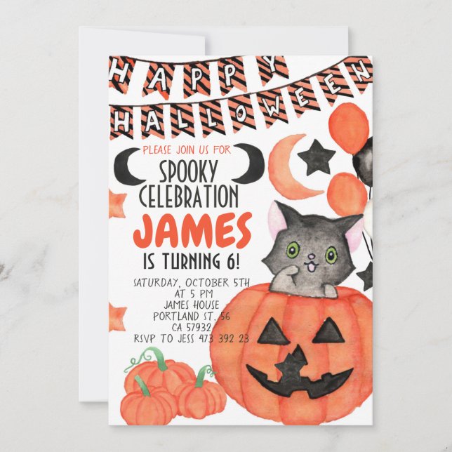 Halloween invite Cat Pumpkin Birthday Invitation  (Front)