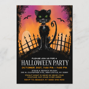 Halloween Invite - Scary Cat in Graveyard