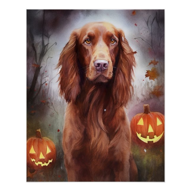 Halloween Irish Red Setter With Pumpkins Scary  Poster (Front)