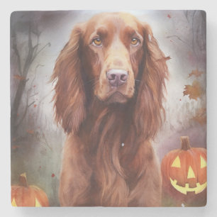 Halloween Irish Red Setter With Pumpkins Scary Stone Coaster