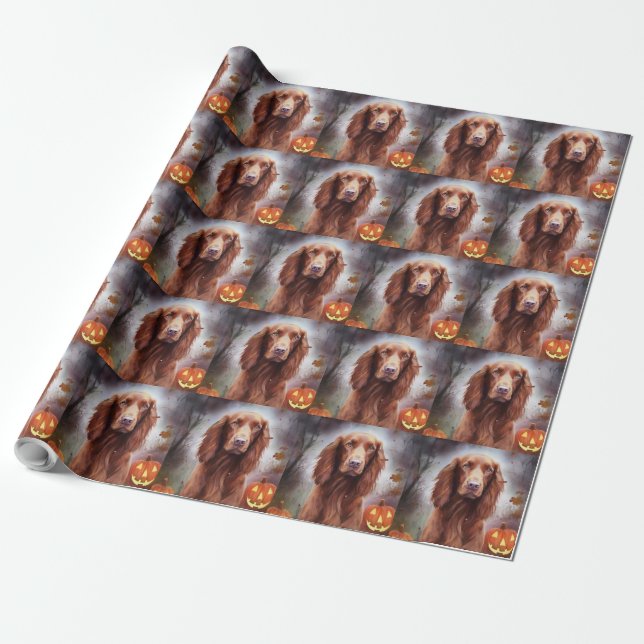 Halloween Irish Red Setter With Pumpkins Scary  Wrapping Paper (Unrolled)