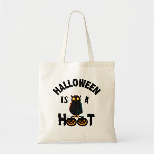 Halloween is a hoot scary spooky owl and pumpkins tote bag (Front)