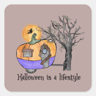 Halloween Is a Lifestyle – Pumpkin Camper Van Square Sticker