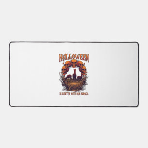 Halloween Is Better Alpaca Orange Skulls Spider We Desk Mat