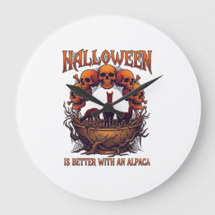 Halloween Is Better Alpaca Orange Skulls Spider We Large Clock
