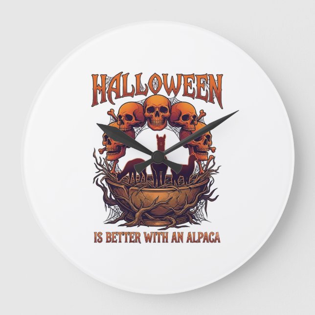 Halloween Is Better Alpaca Orange Skulls Spider We Large Clock (Front)
