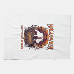 Halloween Is Better Alpaca Orange Skulls Spider We Tea Towel