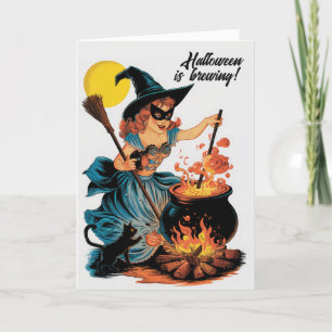 Halloween is Brewing Vintage Witch and Cauldron Holiday Card