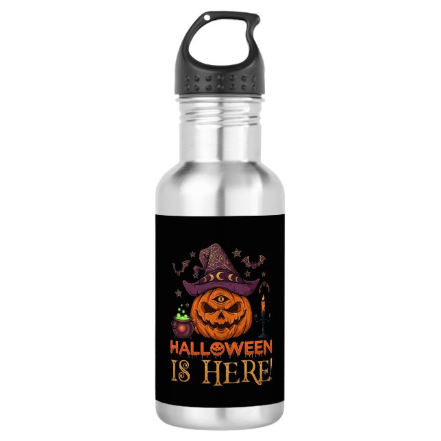 Halloween Is Here Pumpkin Witch Hat Magic Cauldron 532 Ml Water Bottle (Front)