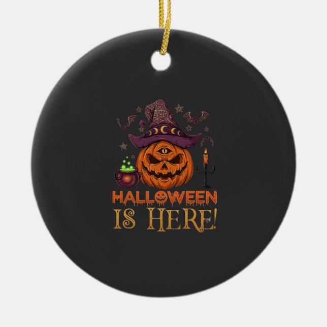 Halloween Is Here Pumpkin Witch Hat Magic Cauldron Ceramic Tree Decoration (Front)